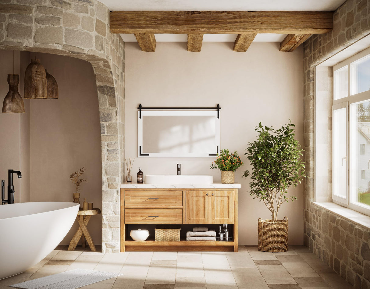 TETOTE Farmhouse Barn Door White Wood Mirror for Bathroom Wall 40” x 26” Waterproof Natural Solid Wooden Framed Rectangle Vanity Mirror Wall Mounted, Fully Assembled TETOTE