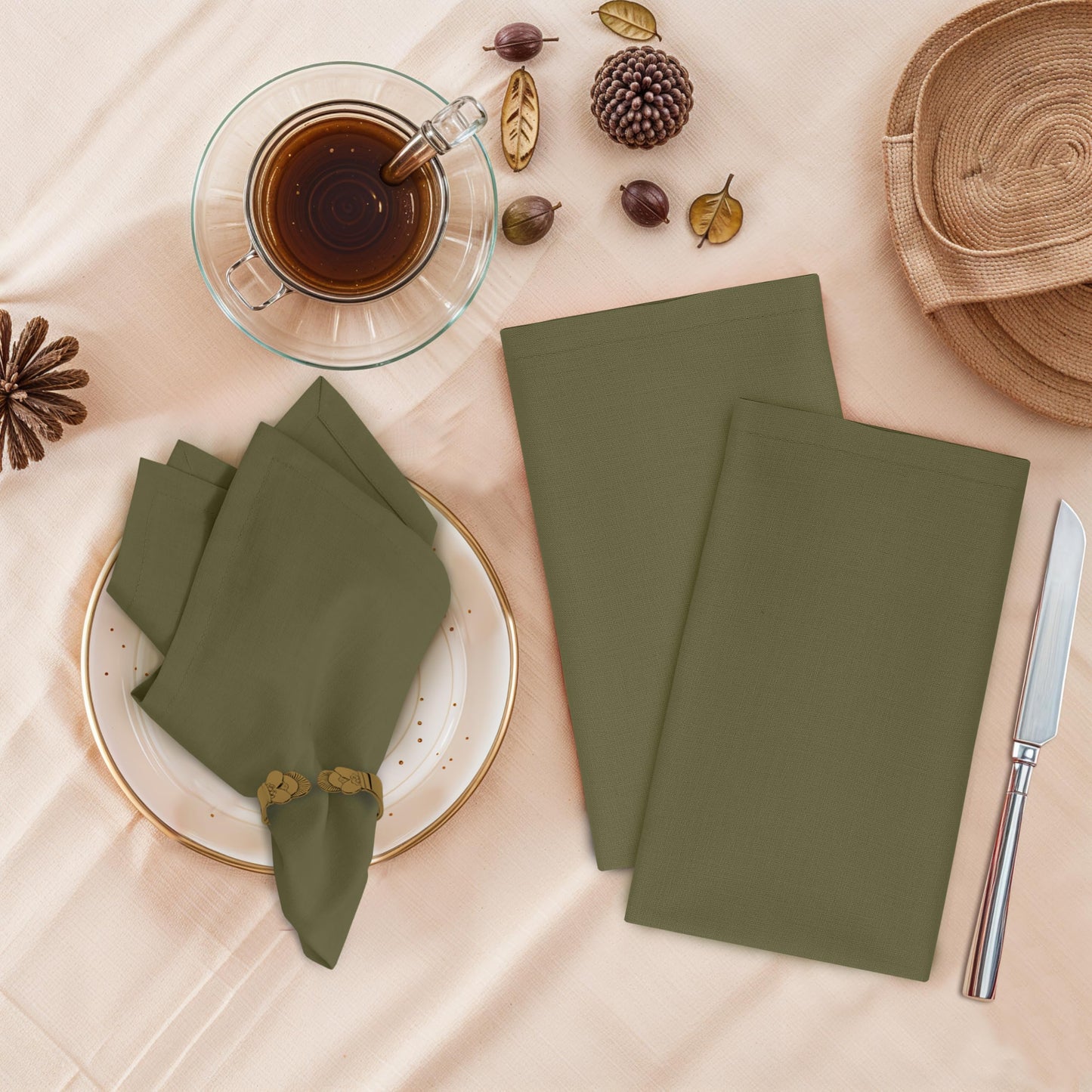 Ruvanti Cloth Napkins Set of 12, 18x18 Inches, Napkins Cloth Washable, Soft & 100% Cotton Napkins, Perfect for Wedding, Christmas Napkins, ‎Thanksgiving, Dinner Napkins - Capulet Olive