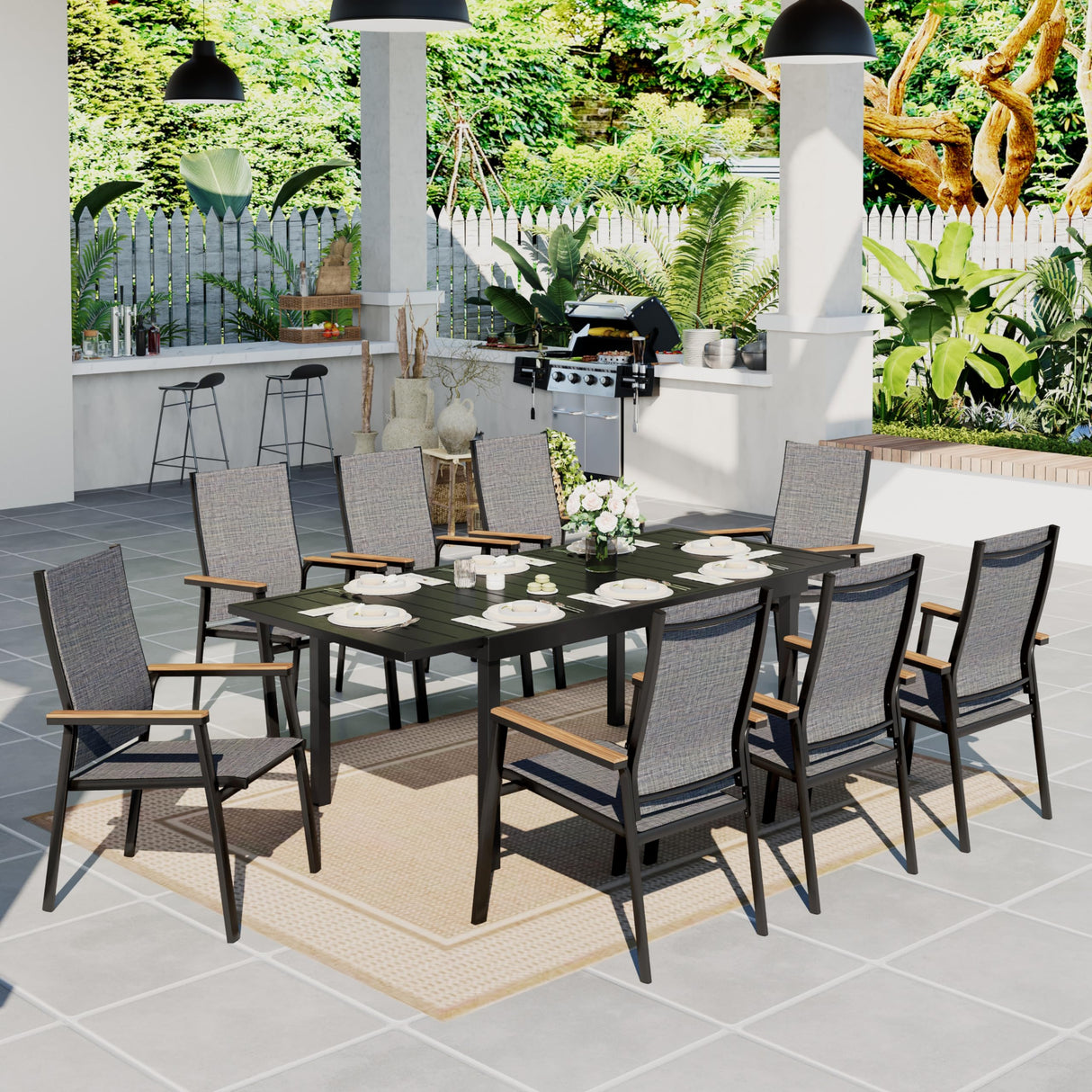 Sophia & William Patio Dining Set 9 Pieces, 8 Aluminium Patio Dining Chairs with 1 Extendable Dining Table for 6-8 Person, Patio Table and Chairs for Outdoor Lawn (Grey) Sophia & William