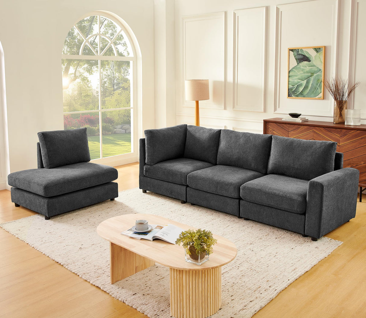 Elevyoliv 100" L Shaped Sectional Couch with Chaise, Modern 4-Seater Sectional Couches for Living Room, Comfy Chenille Corner Sofa for Apartment, Dark Grey Elevyoliv