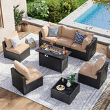 Aoxun 8 Piece Patio Furniture Set with 44” Fire Pit Table Wicker Rattan Patio Sectional Sofa Set Outdoor Seating Furniture with Thickened Cushion, Beige Aoxun