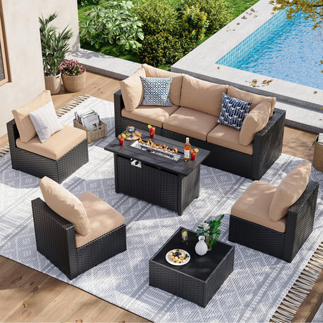 Aoxun 8 Piece Patio Furniture Set with 44” Fire Pit Table Wicker Rattan Patio Sectional Sofa Set Outdoor Seating Furniture with Thickened Cushion, Beige Aoxun