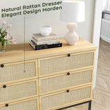 Modern 6 Drawer Dresser with Natural Rattan Drawers, Industrial Wood Double Dresser for Bedroom with Sturdy Steel Legs, Closet Storage Dressers Organizer TV Stand Dresser for Living Room Hallway Yechen