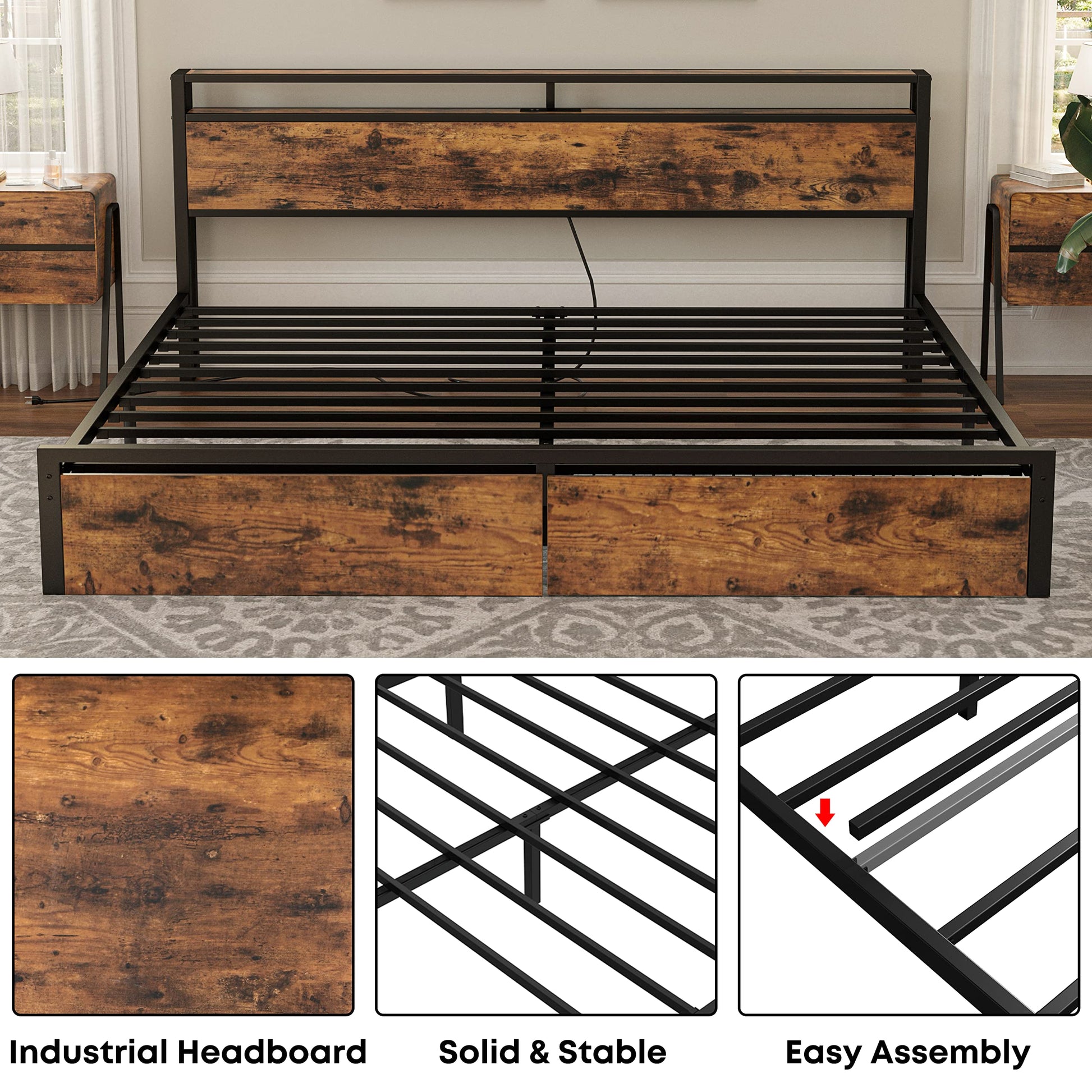 LIKIMIO Vintage Brown King Bed Frame with Storage Headboard and Charging Station - WoodArtSupply