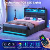 Rolanstar Bed Frame Twin Size with Lift Up Storage, Charging Station & LED Lights, Upholstered Storage Headboard, Heavy Duty Wooden Slats, No Box Spring Needed, Noise Free, Easy Assembly, Dark Grey Rolanstar