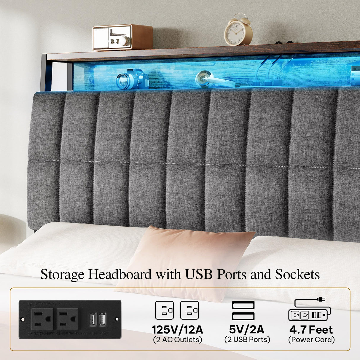 YITAHOME Queen Size Bed Frame with RGB LED Lights and 4 Drawers, Upholstered Platform Bed with Charging Station and Storage Headboard, No Box Spring Needed, Noise-Free, Fast Assembly, Rustic Brown YITAHOME