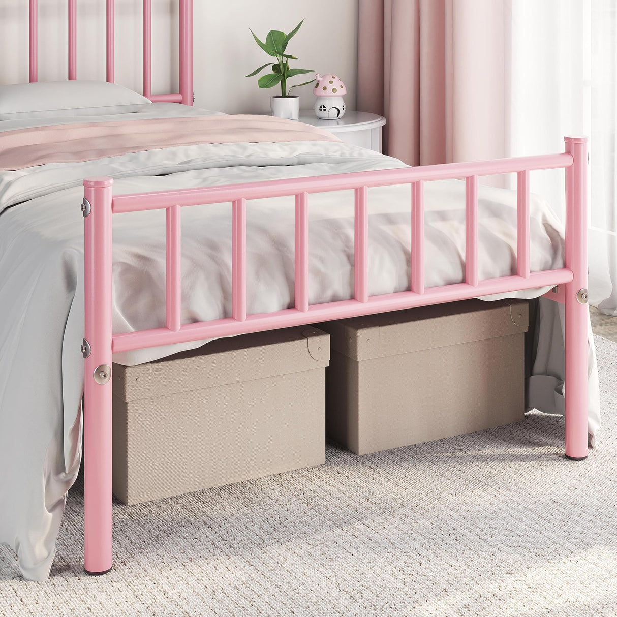 Yaheetech Twin Size Bed Frame Metal Platform Bed Frame Mattress Foundation with Spindle Headboard & Footboard/No Box Spring Needed/14 Inch Underbed Storage/Firm Support & Easy Set up Structure, Pink Yaheetech