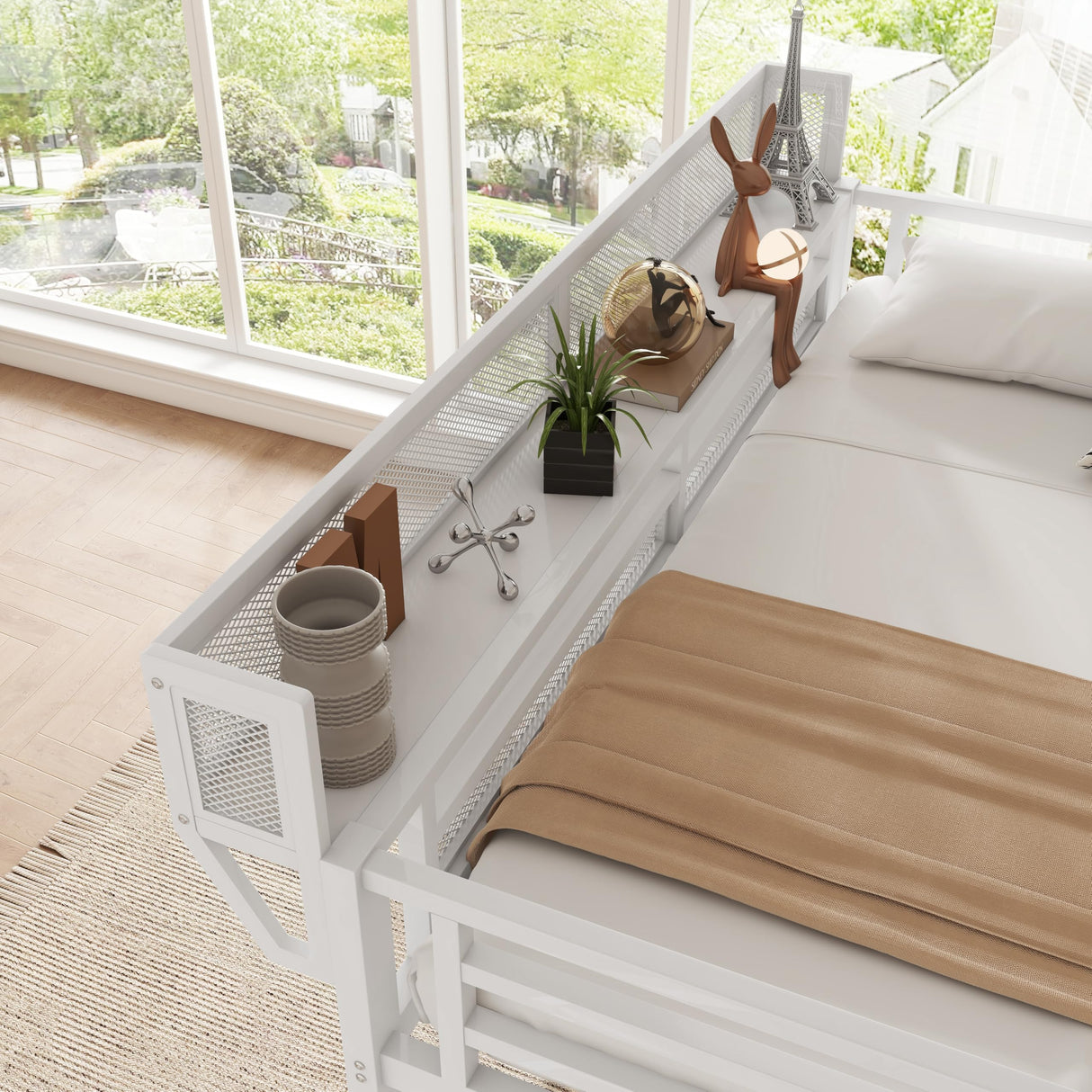 KEIKI Twin Size Metal Loft Bed Frame with Convertible Staircase, Built-in Storage Shelves & Wardrobe, Loft Bed with Solid Slats & Guardrail, No Box Spring Required, Easy Assembly, for Bedroom, White KEIKI