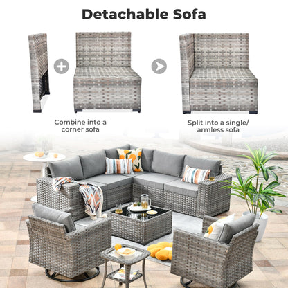 ovios 9 Pieces Patio Furniture Set, Outdoor Sectional Sofa with Swivel Rocking Chairs, Wide Arms and Deep Seat, Modular Wicker Rattan Conversation Set, Dark Grey - WoodArtSupply