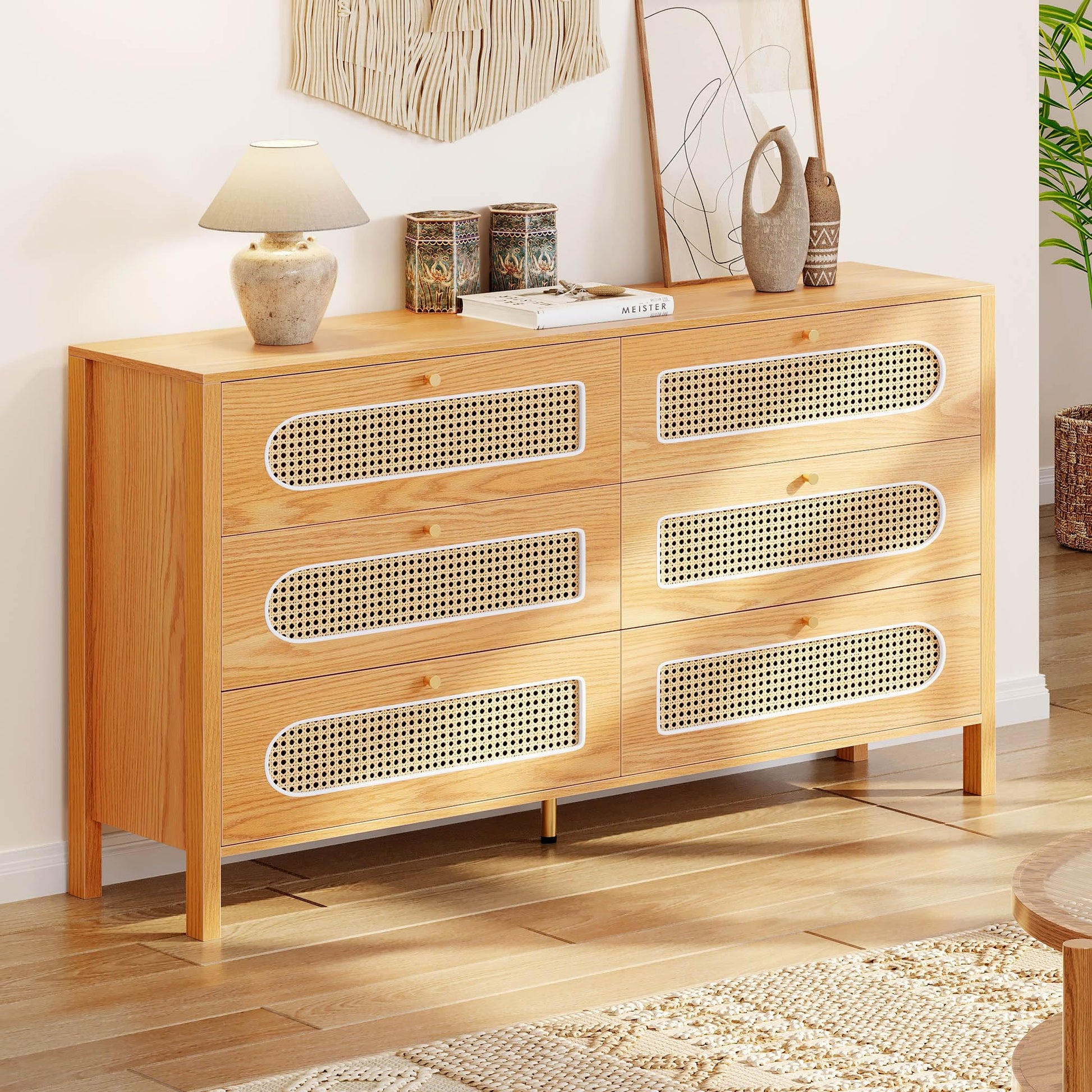 DWVO Natural Rattan 6 Drawer Dressers, Oak Wooden Dresser Chest of Drawers with Golden Handles, Modern Large Closet Boho Dressers Storage Cabinet for Living Room, Hallway, Entryway - WoodArtSupply