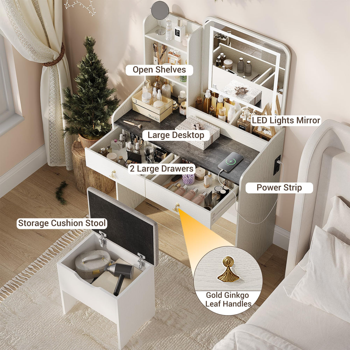 GarveeHome Vanity Desk with LED Light Mirror and Charging Station,Small Makeup Vanities Set with 2 Drawers for Girls Women with Storage Stool (White + Grey Tabletop) GarveeHome
