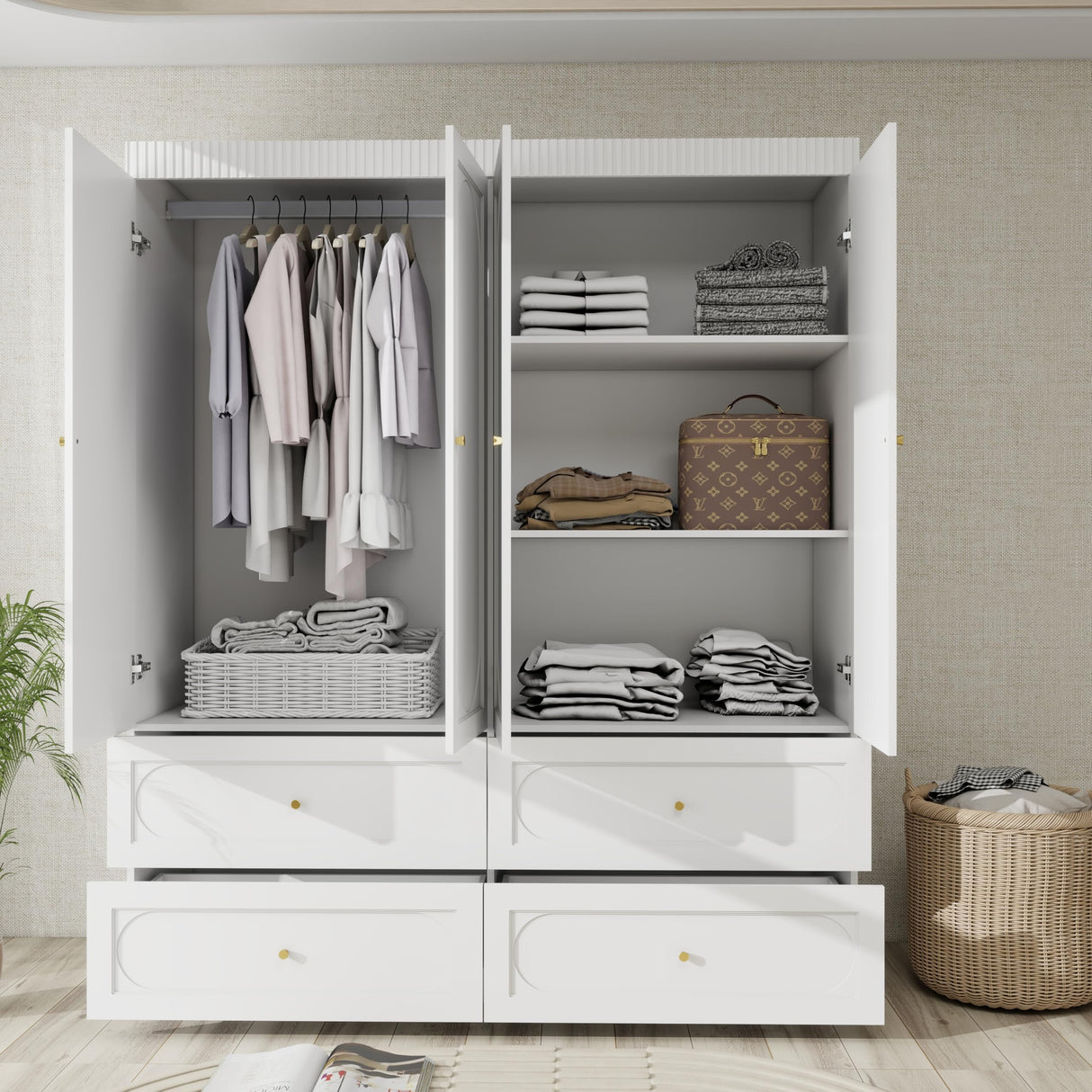LABROSKIA Bedroom Armoire Wardrobe Closet with 4 Drawers: 74" White 4 Doors Wood Storage Cabinet, Hanging Rod and Ample Storage Space (Modern, White) LABROSKIA
