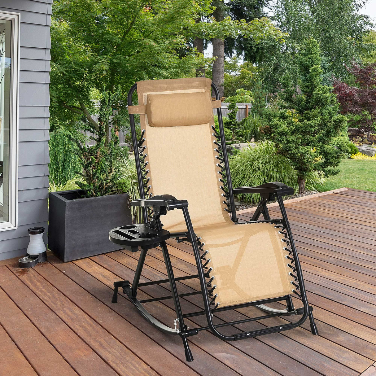 Outsunny Outdoor Rocking Chairs, Foldable Reclining Zero Gravity Lounge Rocker with Pillow, Cup & Phone Holder, Combo Design with Folding Legs, Beige Outsunny
