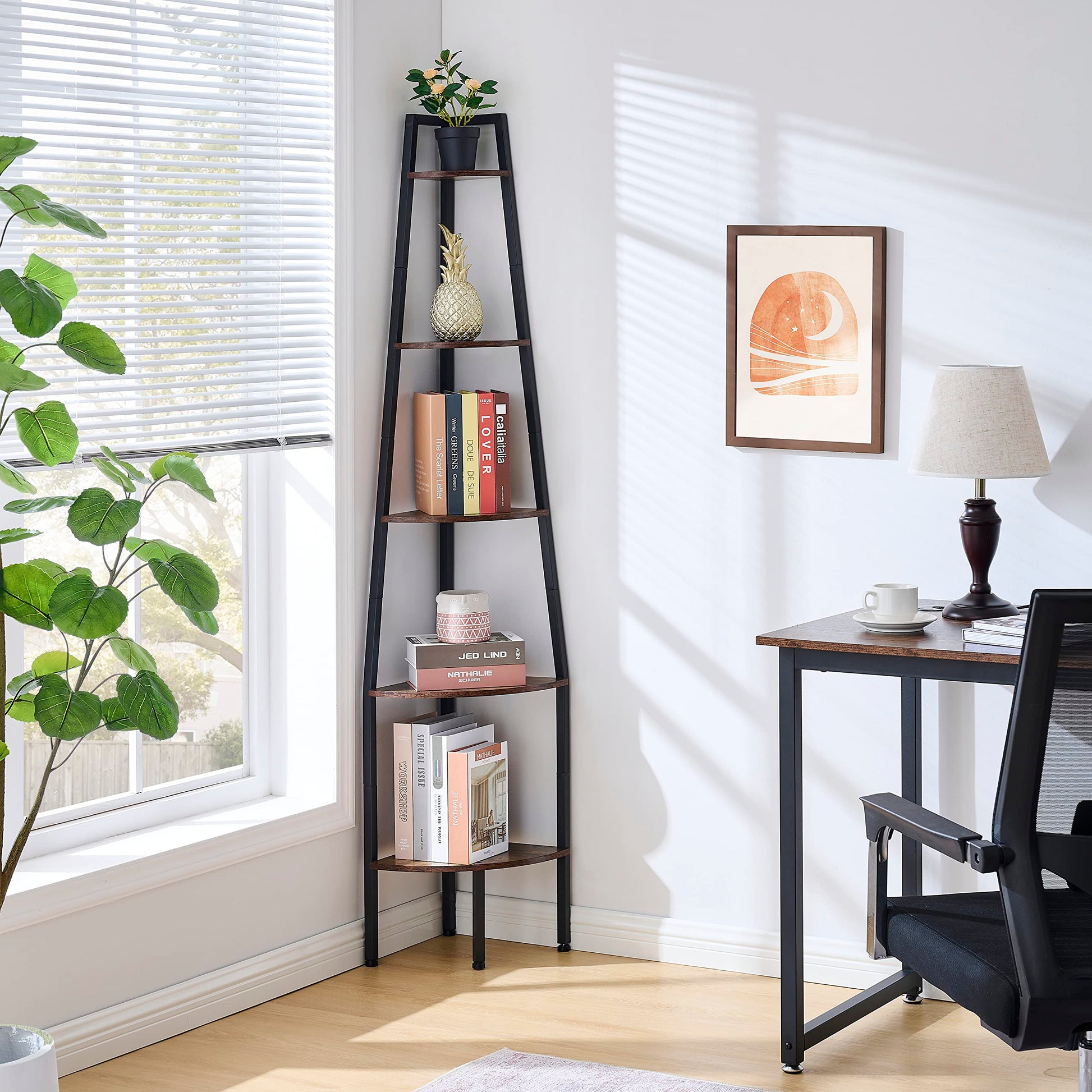 Hoctieon 5-Tier Industrial Corner Shelf - Rustic Brown Ladder Bookcase for Small Spaces - WoodArtSupply