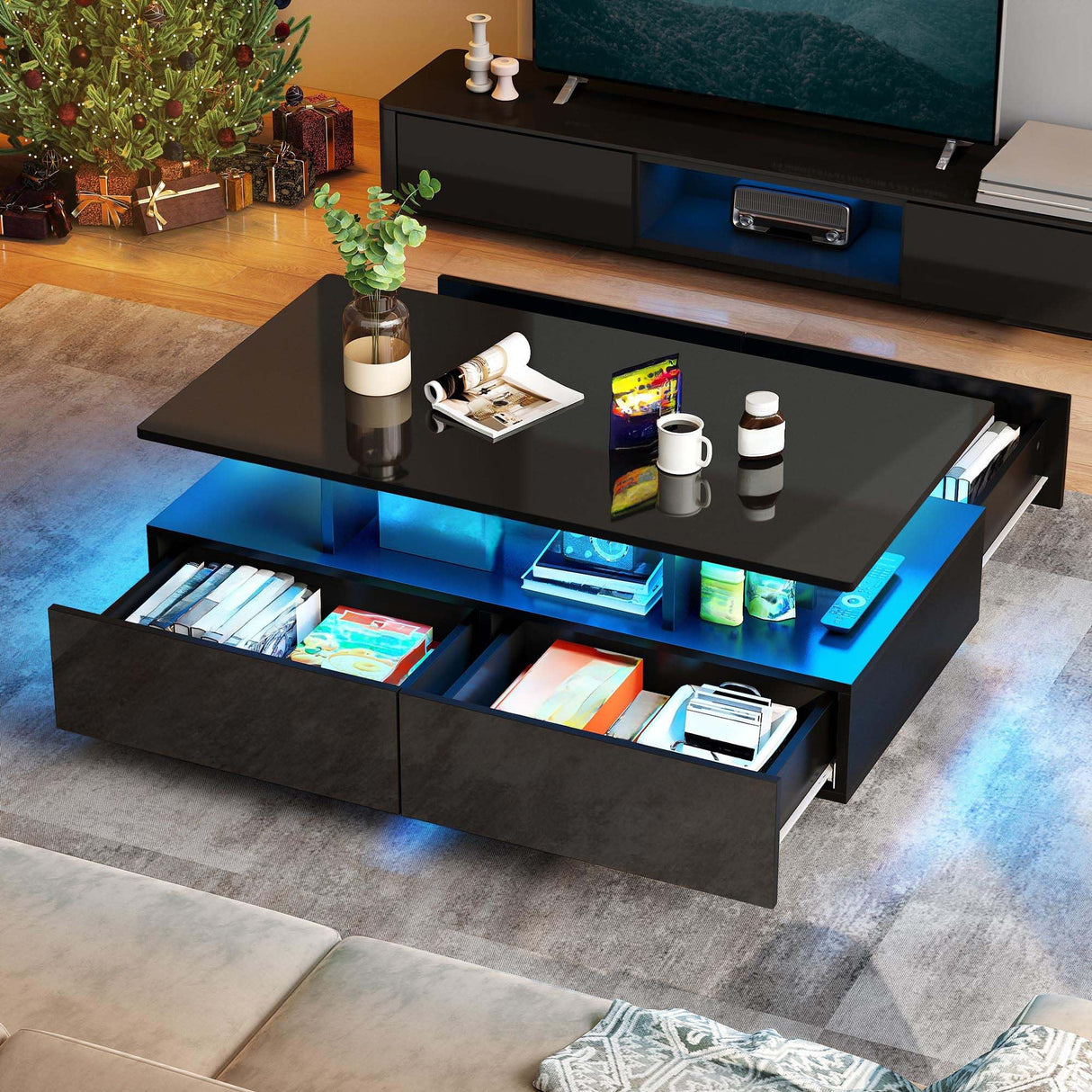 YITAHOME LED Coffee Table with Storage, High Glossy LED Coffee Tables for Living Room, Modern Black Rectangle Coffe Table, Small Center Table with Open Display Shelf & 4 Sliding Drawers, Glossy Black YITAHOME
