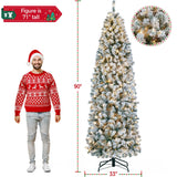 Yaheetech 9ft Pre-lit Snow Flocked Pencil Christmas Tree Kingswood Fir Hinged Slim Skinny Corner Xmas Tree Holiday Decoration with 350 Incandescent Warm White Lights & 1086 Snow Branch Tips, White Yaheetech