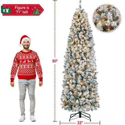 Yaheetech 9ft Pre-lit Snow Flocked Pencil Christmas Tree Kingswood Fir Hinged Slim Skinny Corner Xmas Tree Holiday Decoration with 350 Incandescent Warm White Lights & 1086 Snow Branch Tips, White