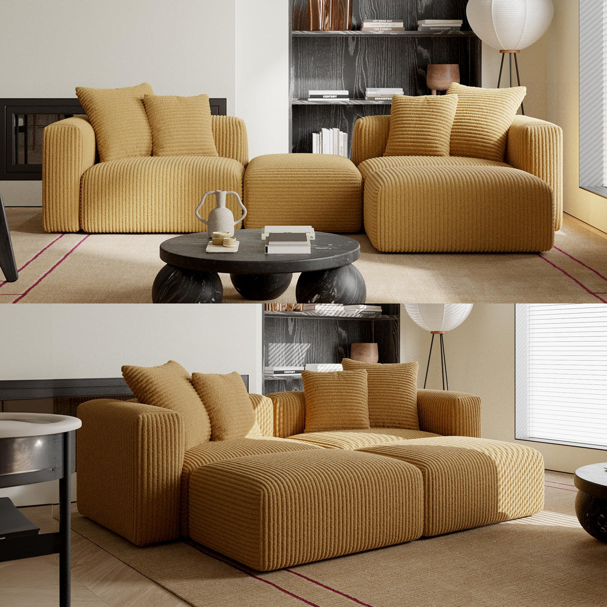 Acanva Corduroy Convertible Modular L Shaped Sectional Sofa, 4 Seater Free Combination Corner Couch, Convertible to DayBed, Wide Loveseat with Moveable Ottomans for Small Spaces, Sleeper Bed, Yellow Acanva