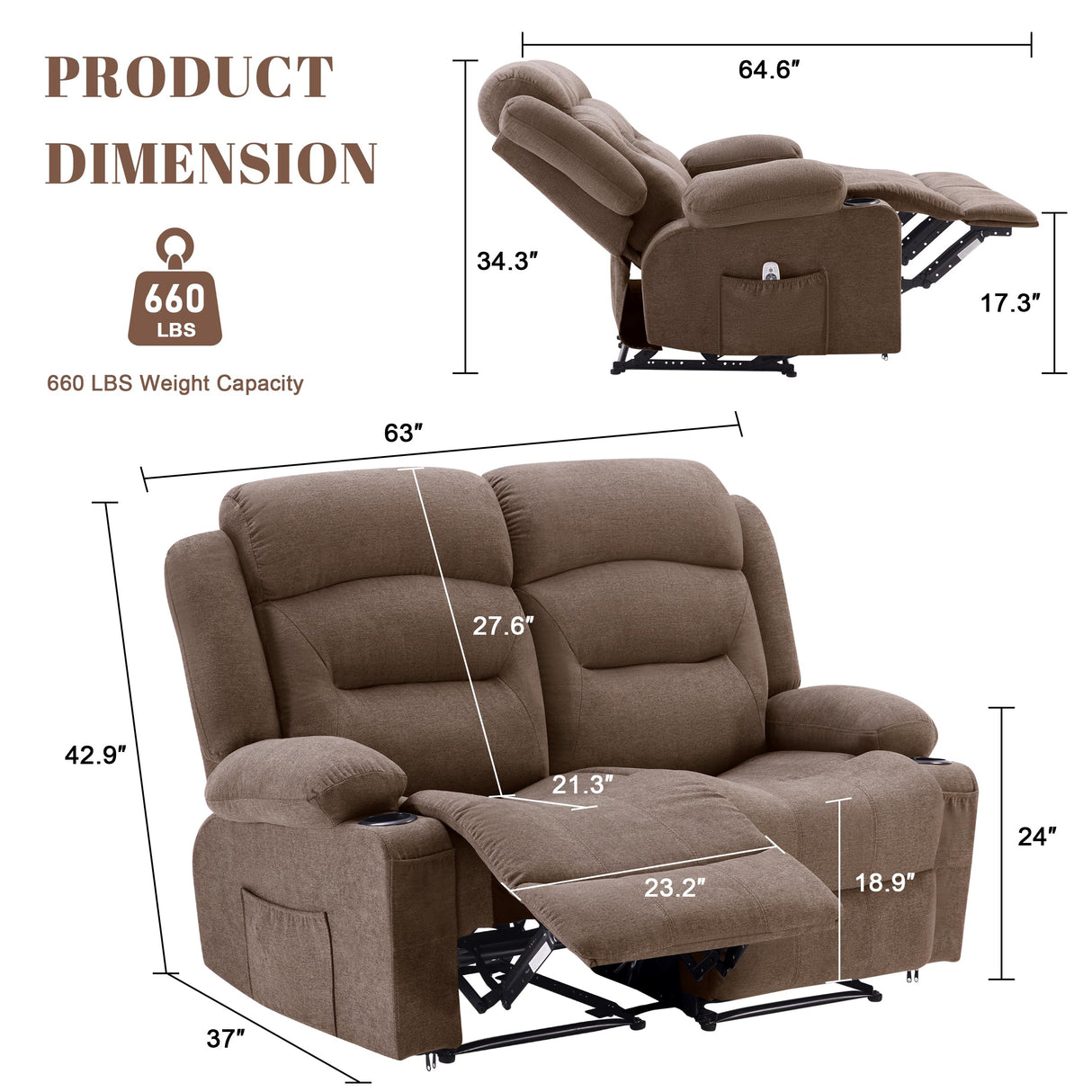 Weture Oversized Recliner Loveseat with Heat and Massage, Wall-Hugger Reclining Sofa with Cup Holders and USB Port, Big Large 2-Seater Double RV Recliner Loveseat for Living Room (Fabric, Brown) Weture