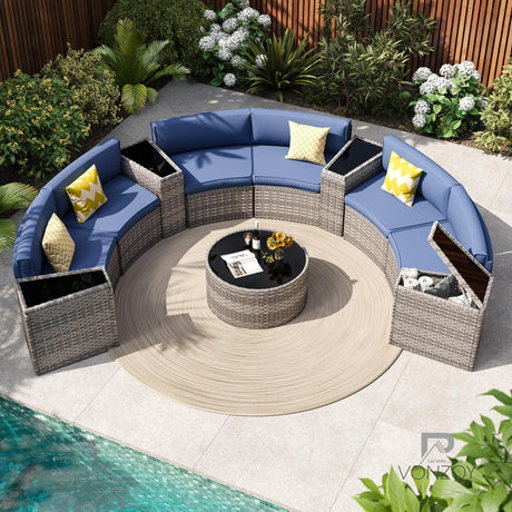 VONZOY Patio Sectional Furniture Outdoor 11-Piece Grey Rattan Curved Sofa Set with Storage Table, Pillows, Fit for Pool Backyard Balcony Porch Lawn (Navy) VONZOY