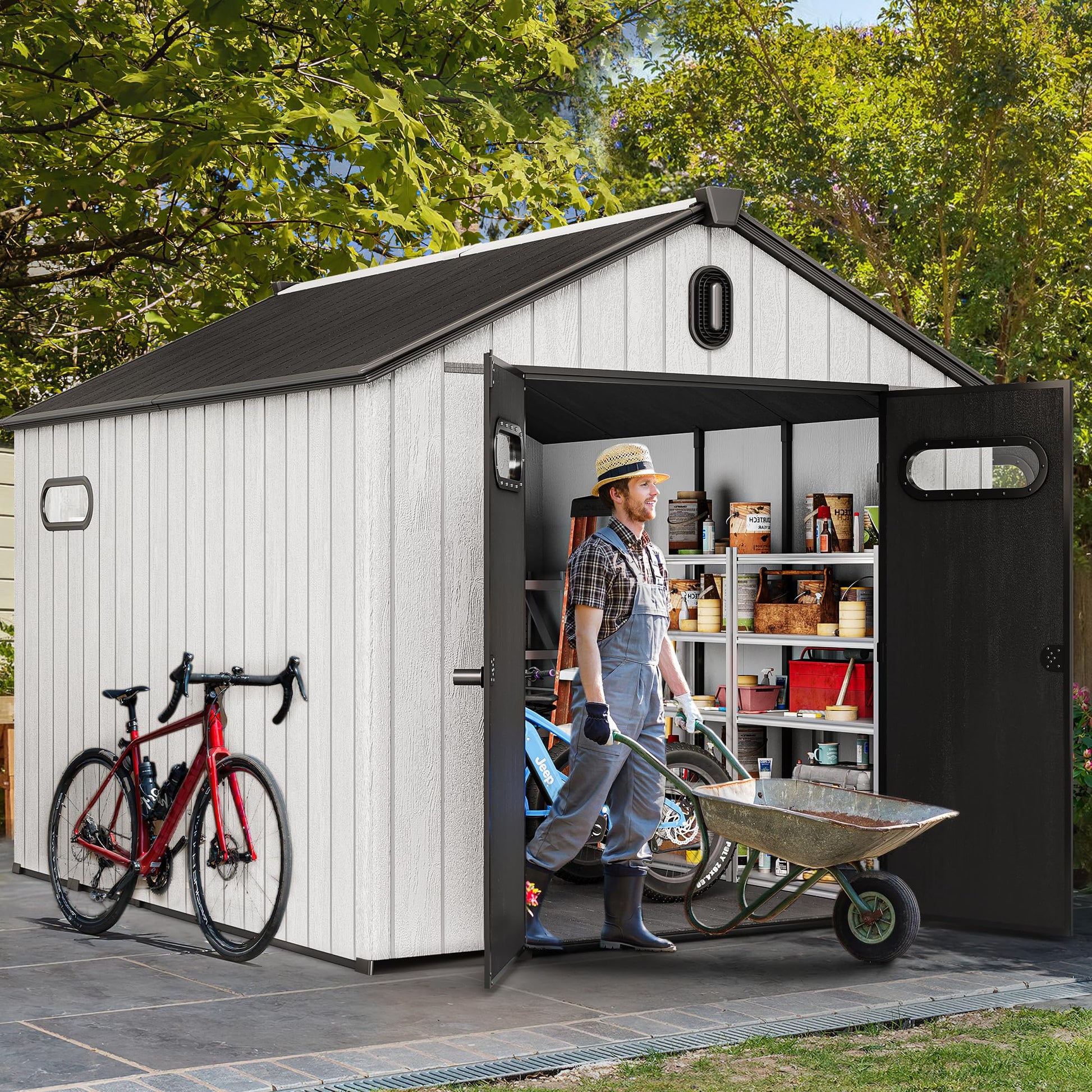 YITAHOME 8x10ft Outdoor Resin Storage Shed with Floor, 544 cuft Waterproof Garden Shed with Lockable Door, Windows & Vents, Plastic Tool Storage for Patio Furniture, Lawnmower, and Bike Stora - WoodArtSupply