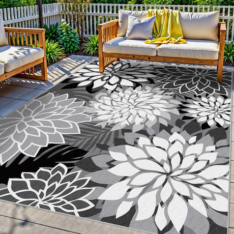 Outdoor Area Rug Washable Multicolored Rug Tropical Botanical Modern Floral Outdoor Carpet Black White Rug Non Slip Non Shedding for Patio, Deck, Backyard, Porch (5x8) Arenarug