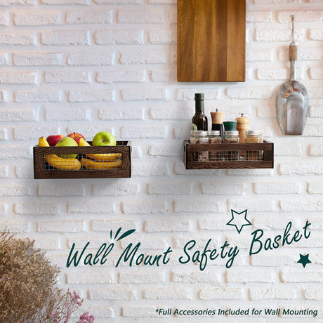 NAGAWOOD Wooden Countertop Baskets Set of 2 for Kitchen, Bathroom, Pantry|Wall Mount Upgrade with Full Accessories| Rustic Nesting Boxes|Wooden Organizer Crates for Fruit, Vegetables, Produce, Bread NAGAWOOD