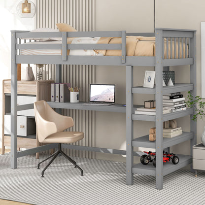 Merax Wood Loft Bed with Desk : Full Size Loft Bed with 4-Storage Shelves and Under Bed Desk Solid Wood Bed, Grey