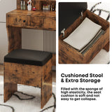 LIKIMIO Vanity Desk with LED Lighted Mirror & Power Outlet & 4 Drawers, Dressing Makeup Table Set with Storage Stool and Hair Dryer Stand, Vintage LIKIMIO