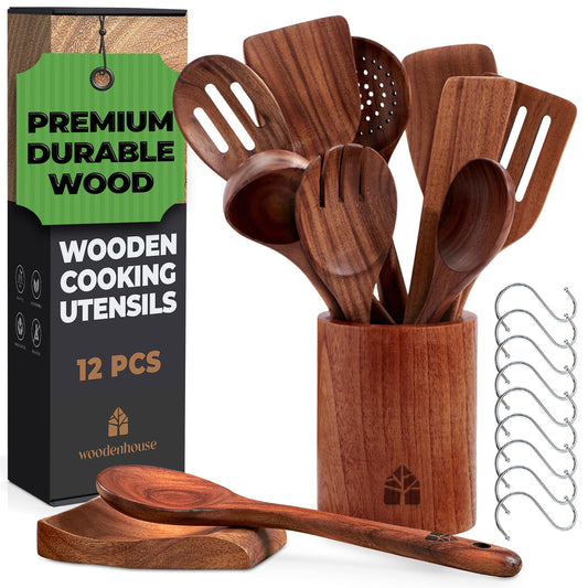 Wooden Spoons for Cooking – Wooden Cooking Utensils Set with Holder, Spoon Rest & Hooks, Teak Wood Nonstick Kitchen Cookware – Durable Set of 12pcs by Woodenhouse