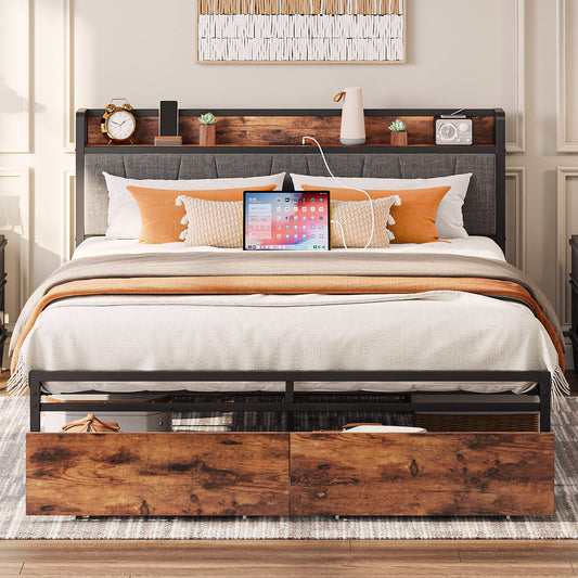 Vintage Brown & Gray LIKIMIO Queen Bed Frame with Storage Headboard and Charging Station - WoodArtSupply