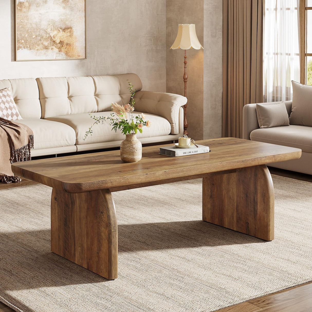 Tribesigns Coffee Table for Living Room, 47-Inch Farmhouse Rectangule Center Table with Rounded Corners, Mid-Century Modern Low Large Cocktail Tea Furniture, Easy Assembly (Rustic Brown) Tribesigns