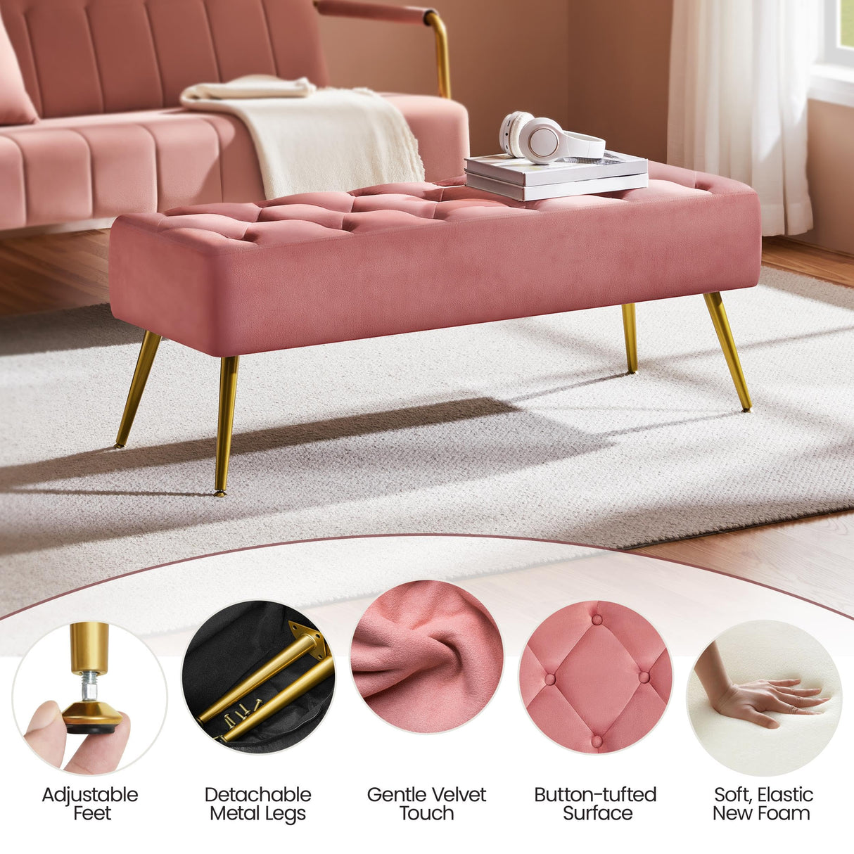 Yaheetech Modern Ottoman Bench Velvet Bench Upholstered Footrest for Living Room with Gold Metal Legs and Padded Seat Pink Yaheetech