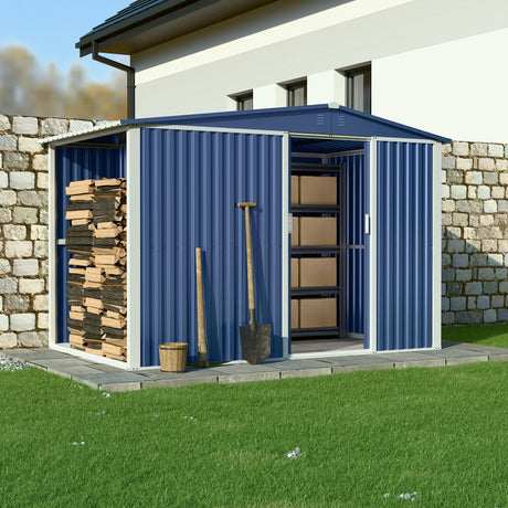 Metal Outdoor Storage Shed 10FT x 6FT with Firewood Storage, Steel Utility Tool Shed Storage House with Sliding Door, Metal Sheds Outdoor Storage for Backyard Garden Patio Lawn, Blue SUXXAN