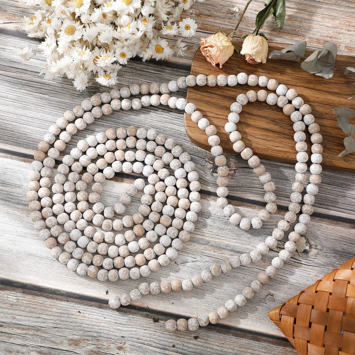 Christmas Wooden Bead Garland Wood Bead Garland Christmas Tree Decorations for Christmas Holiday Favors, 12 Feet (Retro White) Hicarer