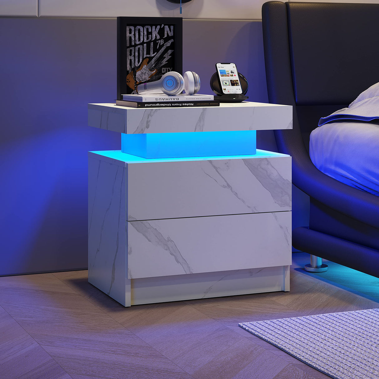 DobleCliCli LED Nightstands, Modern End Side Table with 2 Drawers, LED Bedroom Furniture for Bedroom and Living Room, White Marble Pattern DobleCliCli