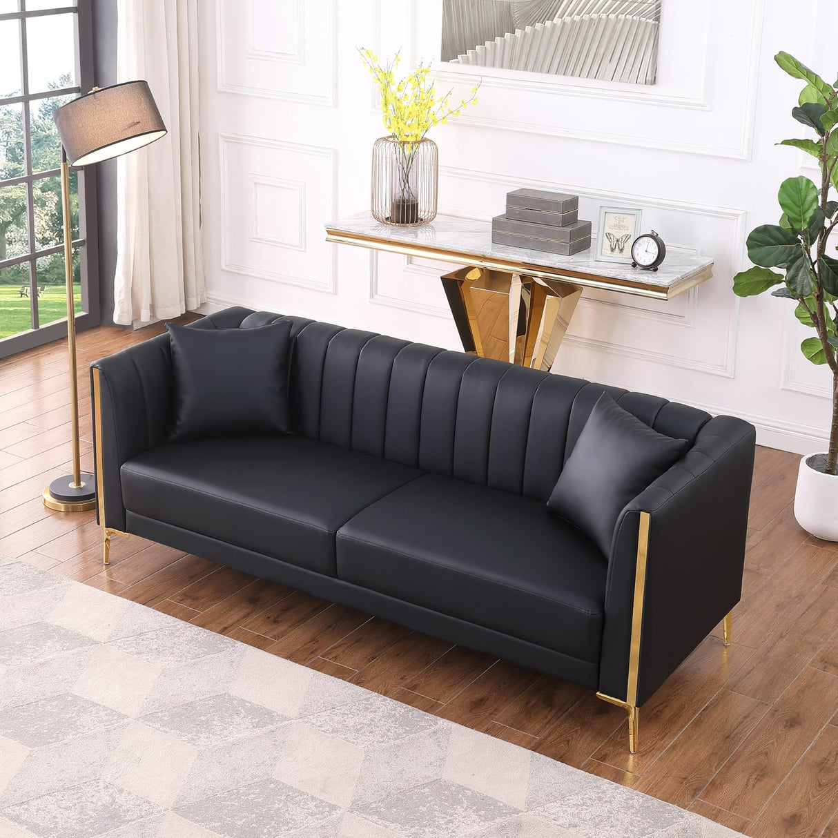 FOTOSOK 78'' Sofa, Black Sofas Couches for Living Room, Comfy Sofa Faux Leather Sofa 3 Seater Sofa with 2 Throw Pillows and Gold Metal Legs, Deep Seat Sofas for Living Room (Black) FOTOSOK