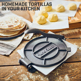 Uno Casa Tortilla Master Kit - Tortilla Press 8 Inch with Comal Pan, 4 Taco Holders, and Tortilla Warmer - Complete Taco Tuesday Kit, Rotis, and Quesadillas - Unique Gift for Friends and Family Uno Casa
