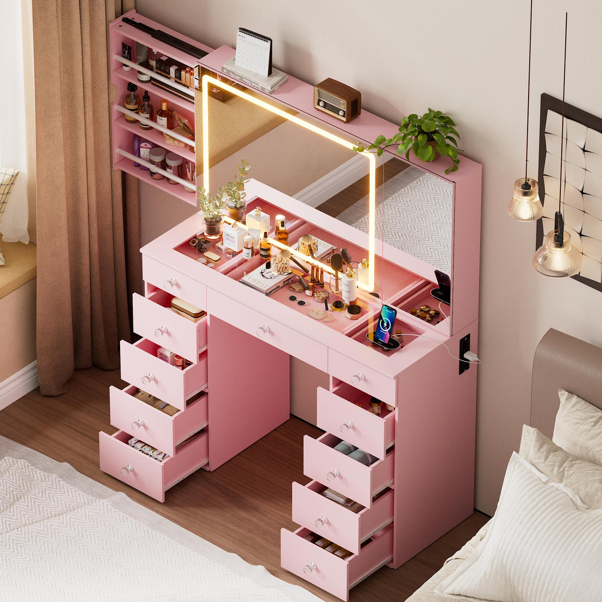 SDMY 46" Makeup Vanity with Large LED Mirror, Glass Tabletop Vanity Desk, 11 Storage Drawers, Hidden Storage Behind Mirror, Charging Station, Bedroom Vanity with Mirrored Cabinet (Pink) SDMY