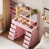 SDMY 46" Makeup Vanity with Large LED Mirror, Glass Tabletop Vanity Desk, 11 Storage Drawers, Hidden Storage Behind Mirror, Charging Station, Bedroom Vanity with Mirrored Cabinet (Pink) SDMY