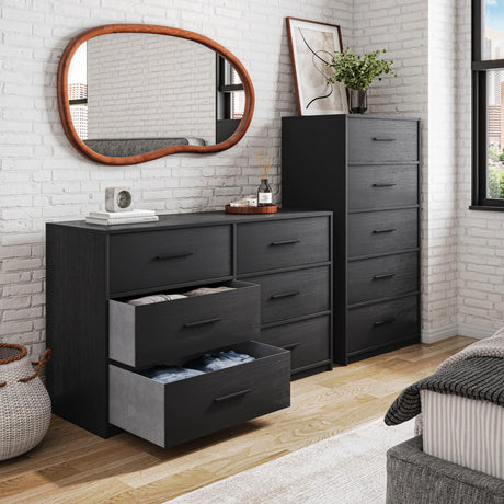 5-Drawer Dresser with Extra Large Fabric Drawers, Wood Frame Dresser with 5 Drawers for Bedroom or Living Room Storage, Hallway, Fabric Bins for Closet or Hallway Storage Organizer, Toy Chest, Black Techni Home
