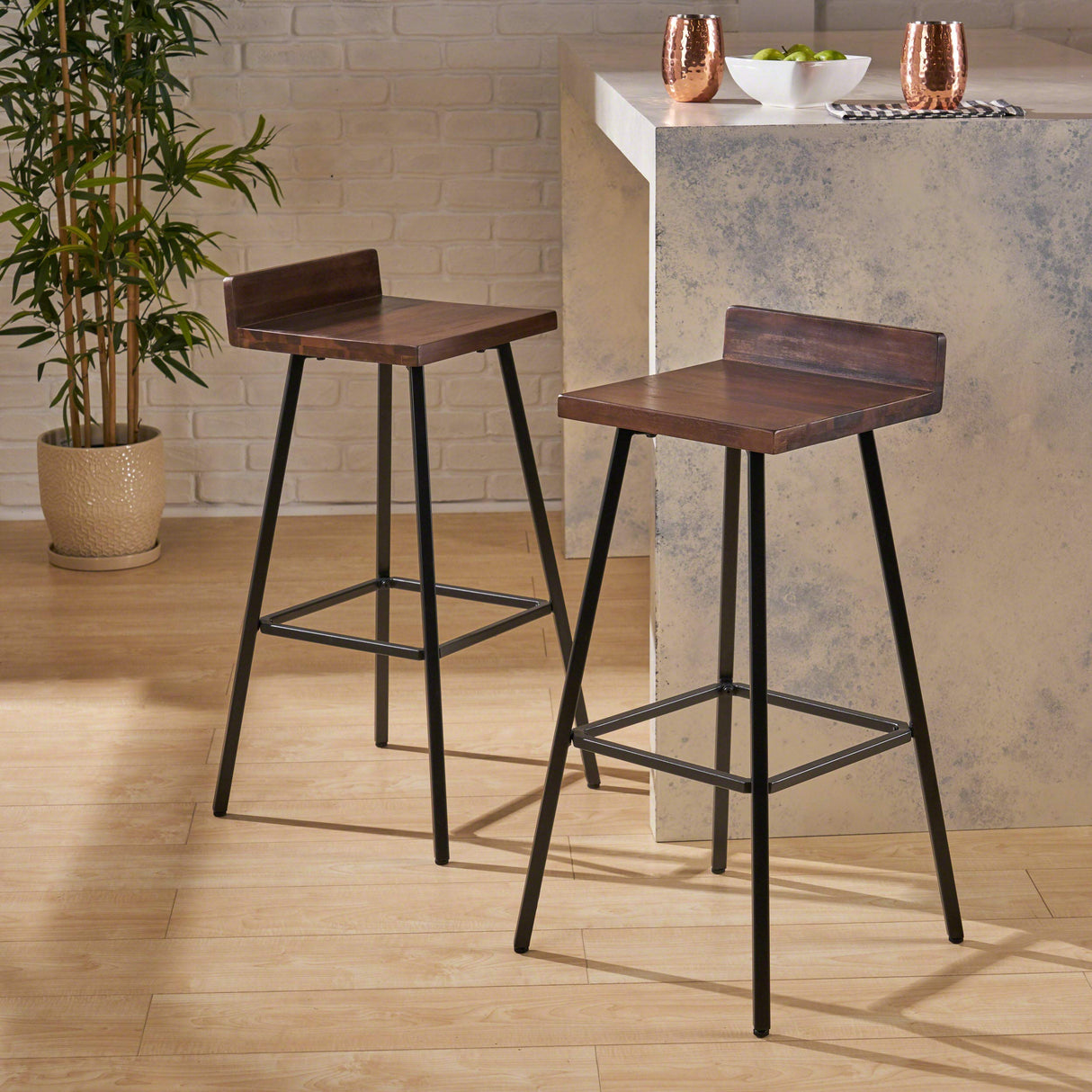Christopher Knight Home Hazel Indoor Bar Stools, Modern, Contemporary, Dark Brown Acacia Wood with Iron Legs (Set of 2) Christopher Knight Home