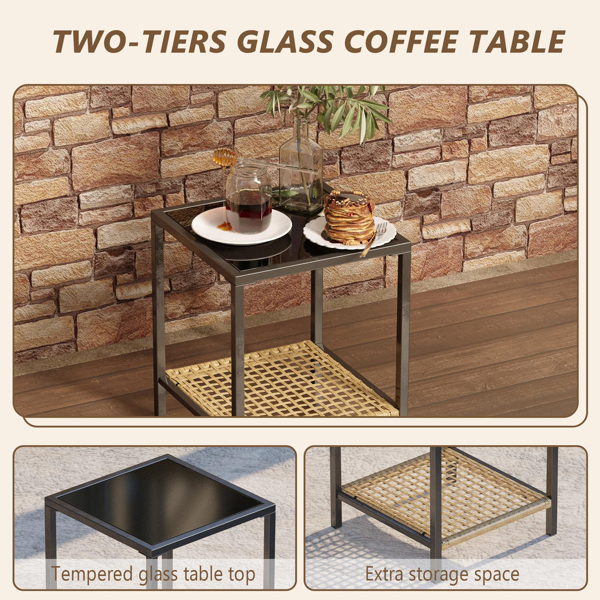 Rotihom 3 Piece Patio Rocking Chairs Set of 2, Outdoor Rocking Chair Bistro Set with Tempered Glass Coffee Table and Thick Lumbar Pillow Set, Front Porch Chairs for Garden, Backyard, Poolside (Beige) Rotihom