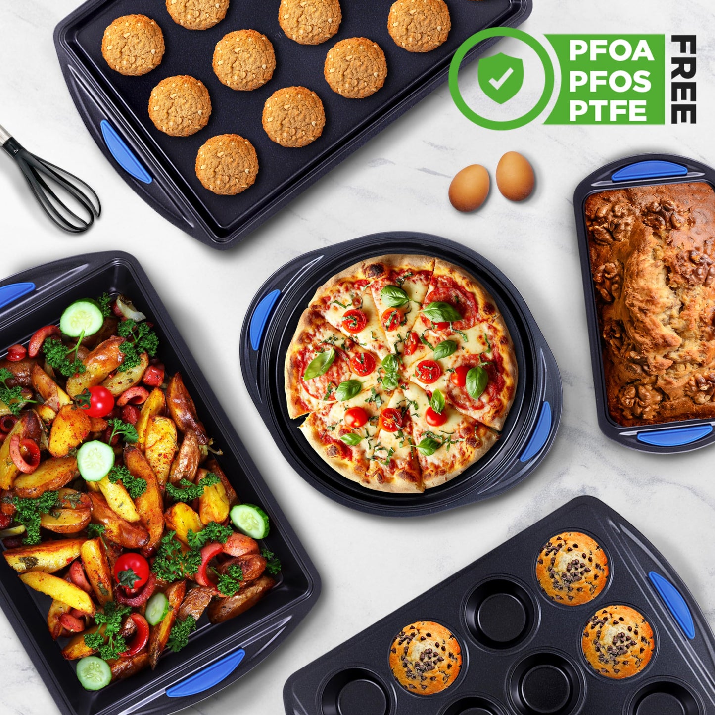 NutriChef 10-Piece Nonstick Bakeware Set - Heavy Duty Carbon Steel Baking Trays w/Silicone Handles - Includes Cookie Sheets, 12-Cup Muffin Pan, Pizza & Loaf Pan, Round & Square Pans - Easy to Clean