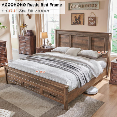 ACCOHOHO Farmhouse Queen Size Bed Frame with 52" Tall Full-Panel Headboard, Wood Platform Bedframe with Footboard and Storage Drawers, No Squeak, No Box Spring Needed, Light Brown ACCOHOHO