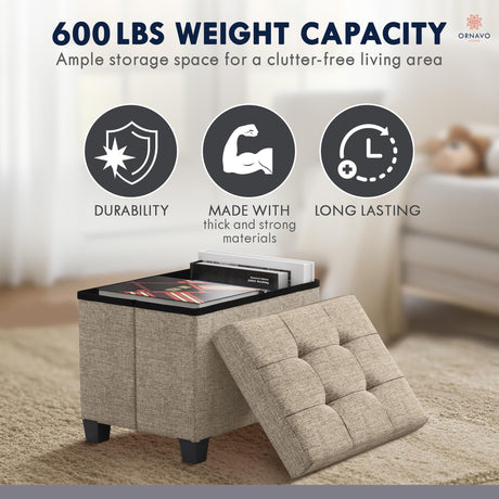 Ornavo Home Storage Ottoman Small Rectangle Ottoman with Legs, Foot Rest Stool Seat, Load up to 600 LB, for Living Room, Bedroom, Home Office, Dorm - 12 x 16 x 12, Tan Ornavo Home