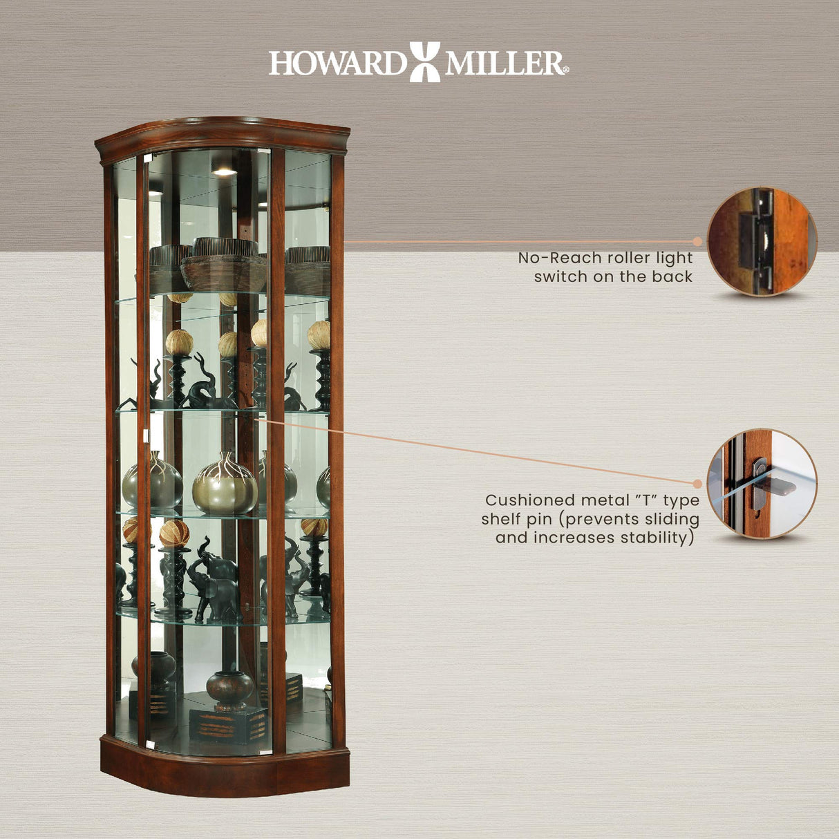 Howard Miller Marlowe Curio Cabinet - Wood Finish Display Cabinet with Lock, 4 Shelves, Display Cabinet with Doors - Lighted Showcase for Living Room Or Dining Room Howard Miller