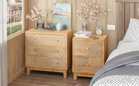 COZAYH 3-Drawer Farmhouse Dresser with Handicraft Wood Ring Motif, Fully Assembled Nightstand Wooden Finish for Boho, Mid-Century, Natural Wood, Rustic Style COZAYH