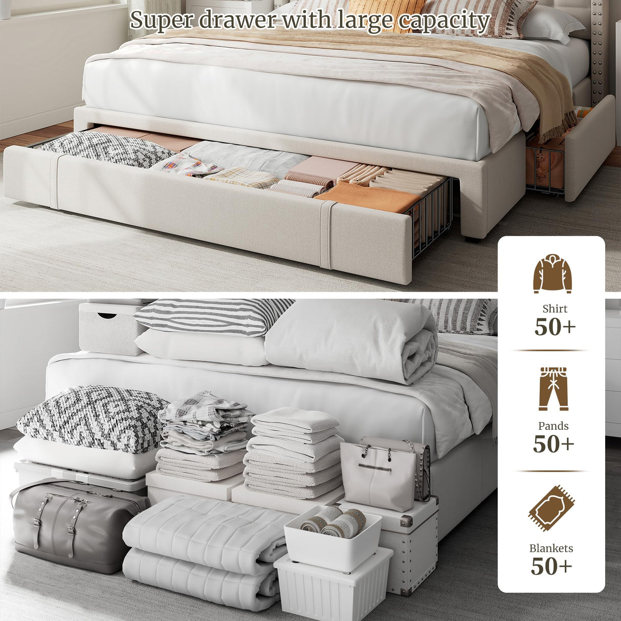 EnHomee LED Queen Bed Frame with Adjustable Headboard & 3 Storage Drawers in Beige EnHomee