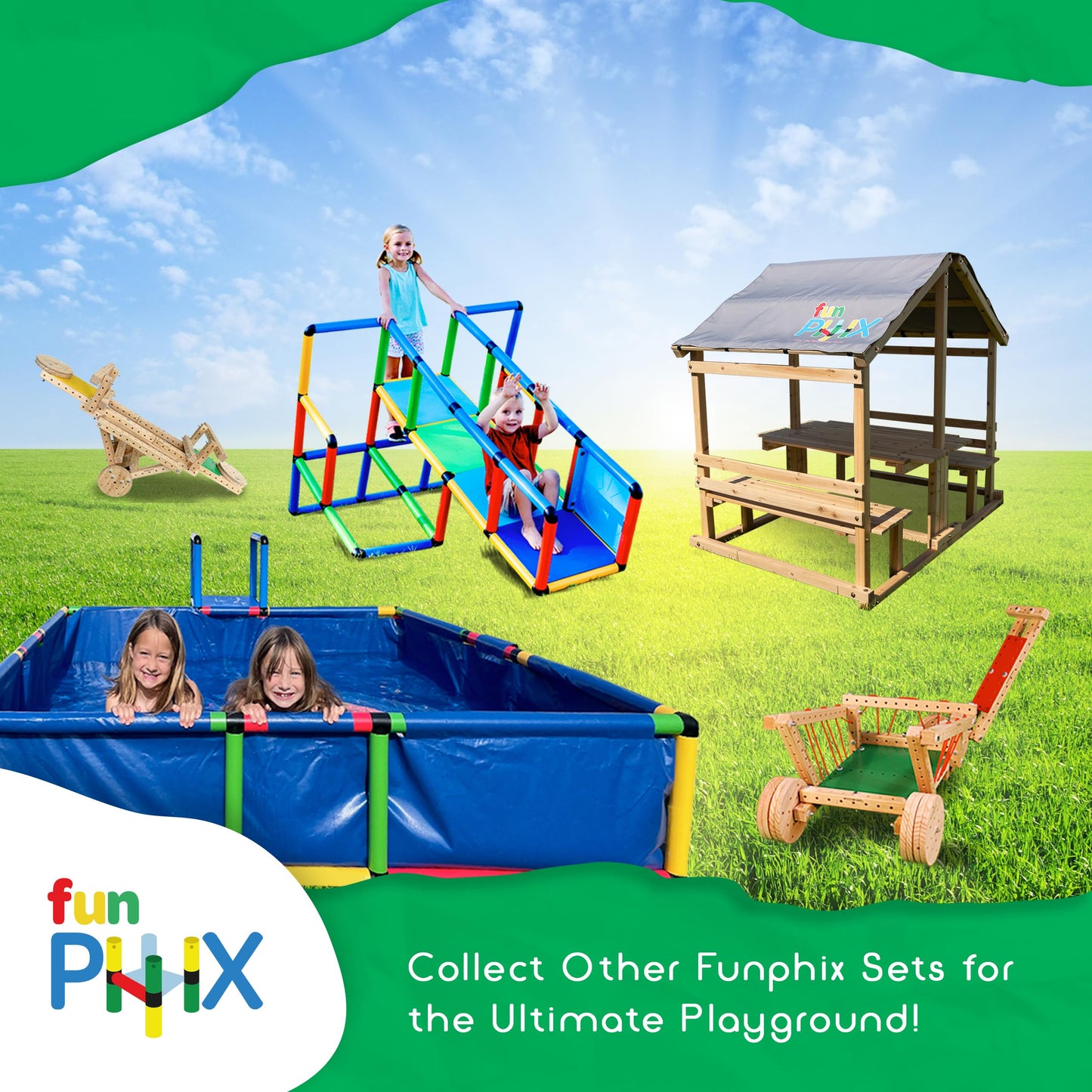 Outdoor Playhouse - Funphix Kids Klubhouse Wooden Playhouse with Table & Benches - Multifunctional Toy for Fun Play & Learning - Durable & Easy to Assemble Backyard Playground Set